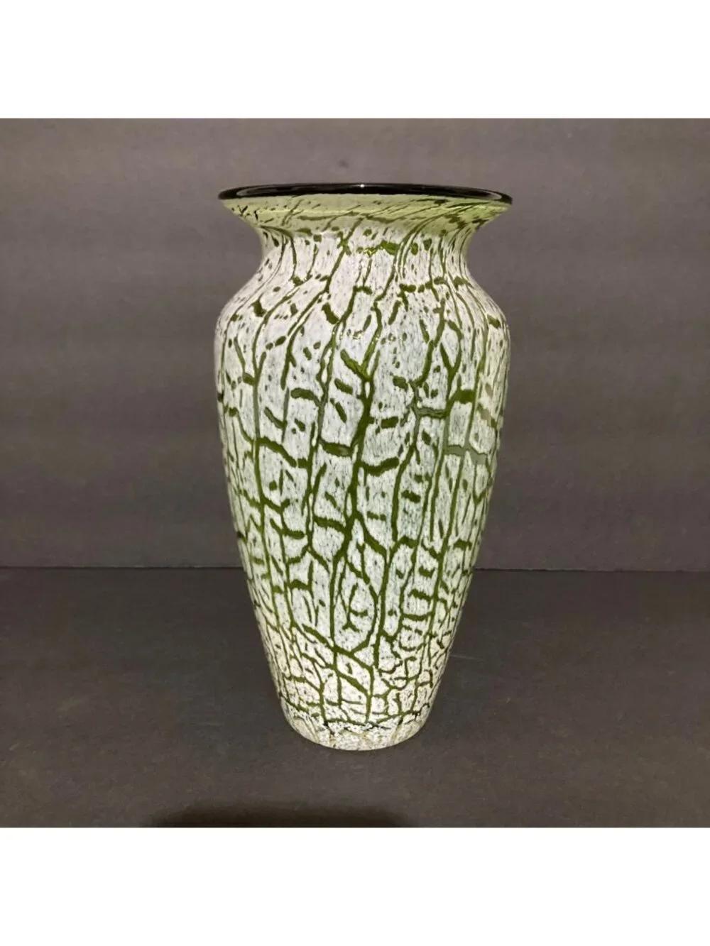 Hand Blown Green With White Crackle Overlay Vase